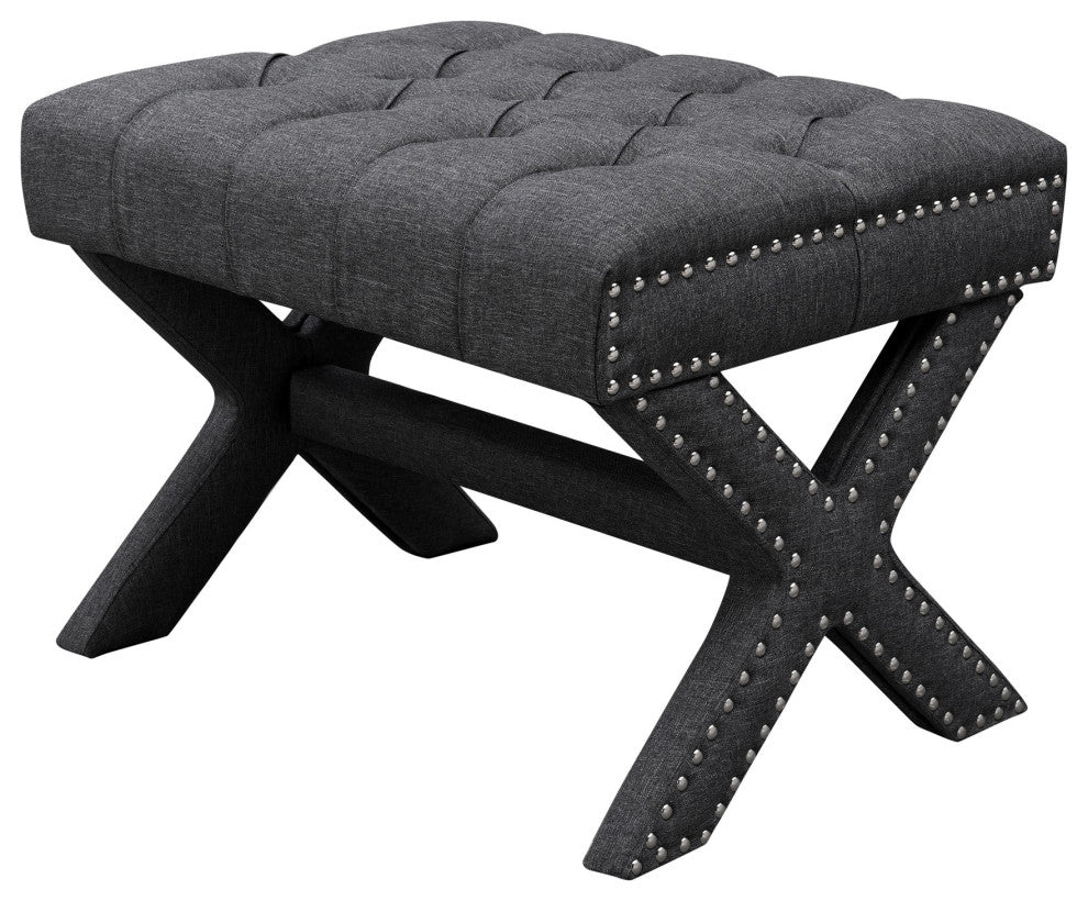 Paola Linen Button Tufted Silver Nailhead Trim X-Leg Ottoman, Dark Gray