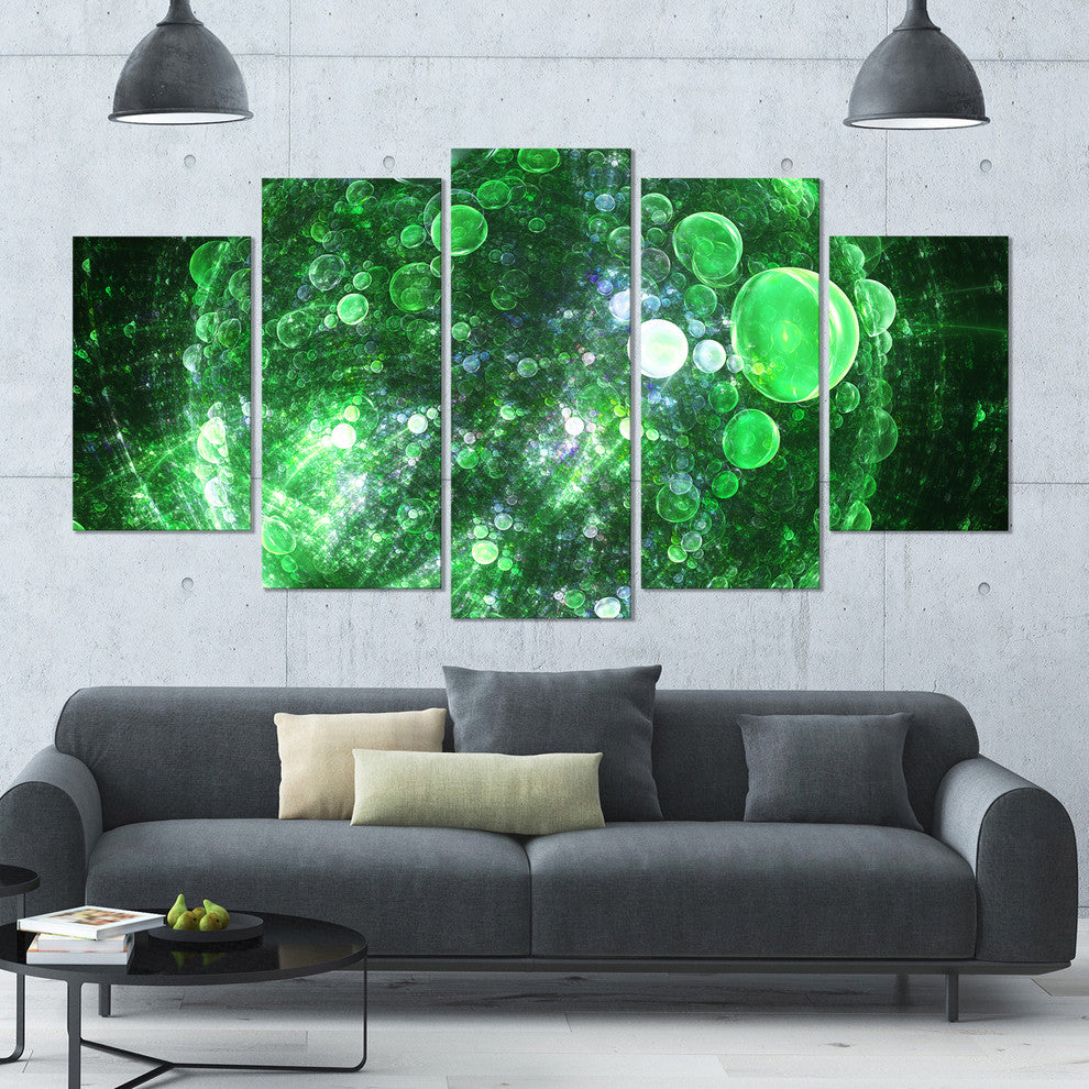 Green Fractal Planet of Bubbles, Contemporary Wall Art Canvas, 60"x32", 5 Panels