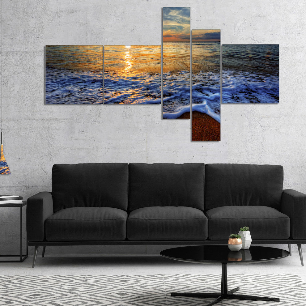 Peaceful Sandy Beach with Waves, Extra Large Canvas Art Print, 60"x32", 5 panels