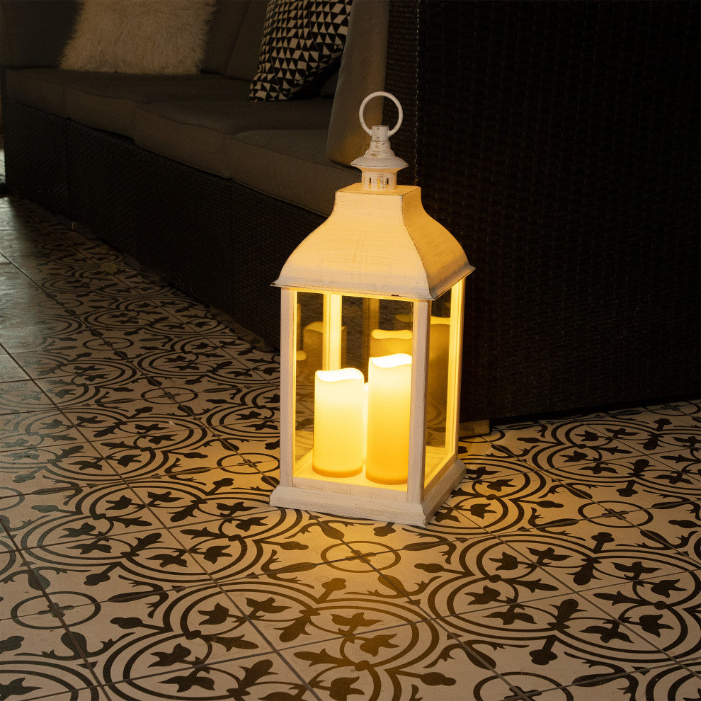 White Candlelit Lantern with Warm White LED Lights