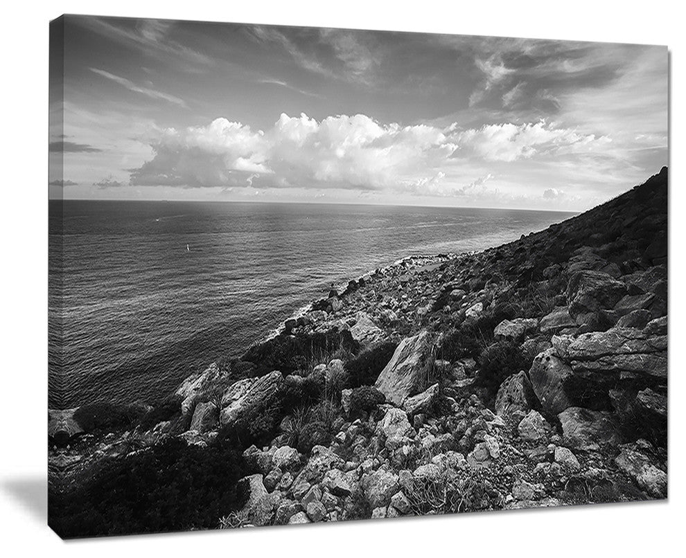 "Sunrise Over Sicily Black And White" Beach Canvas Wall Art, 20"x12"