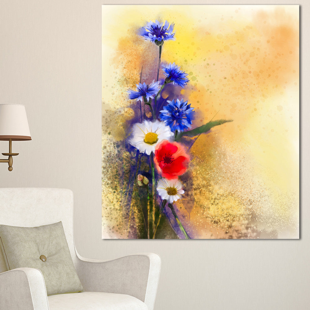 Bouquet of Poppy Cornflower and Daisy, Large Floral Canvas Artwork, 30"x40"