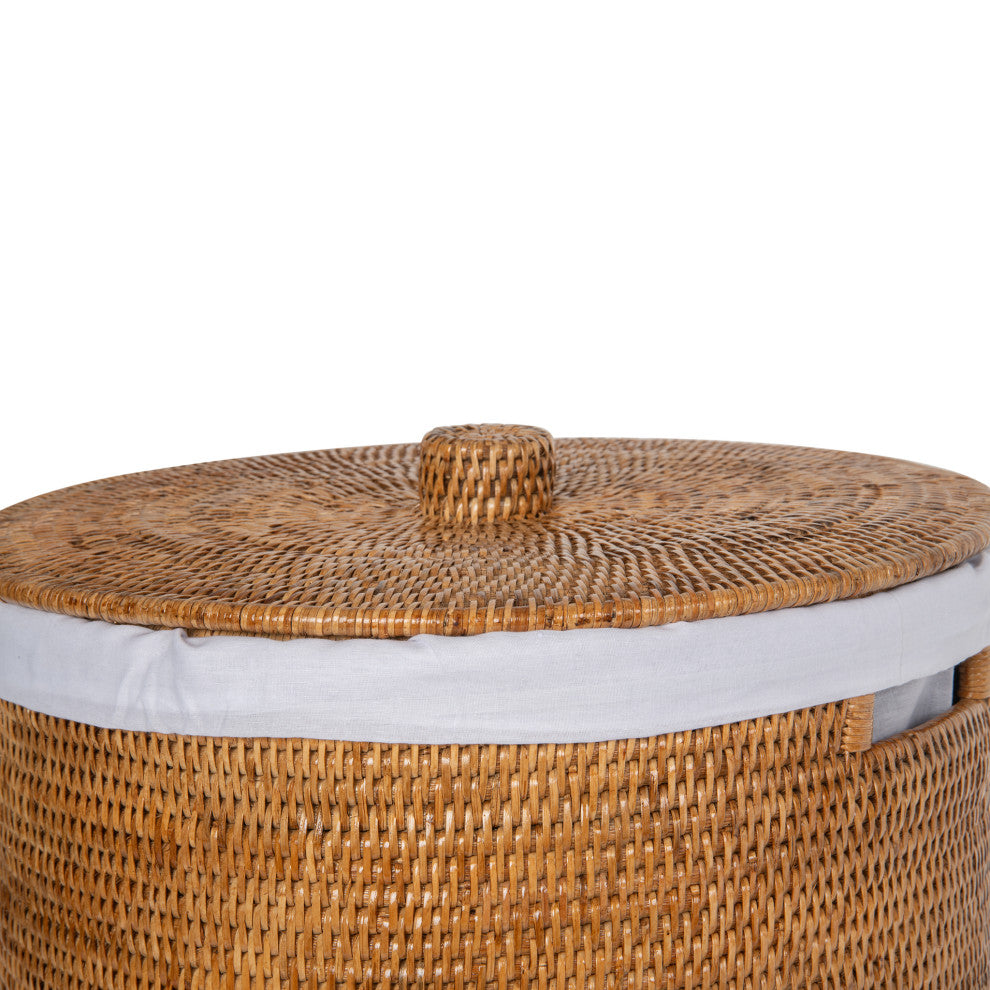Round Rattan Hamper, Laundry Basket, Liner, Lid, 1 Large Load, Honey-Brown
