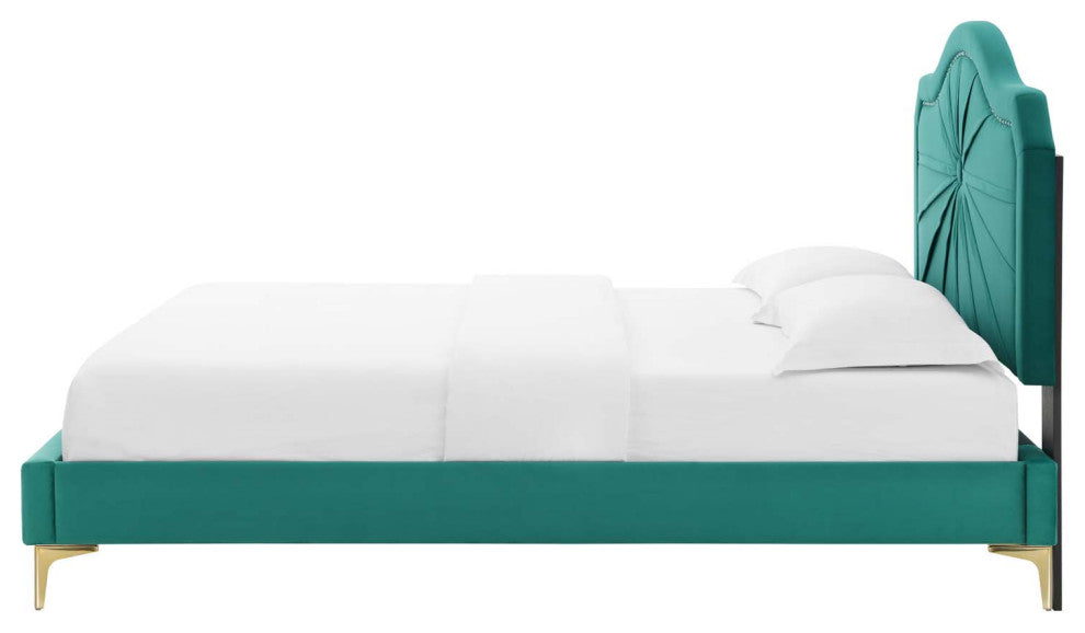 Platform Bed Frame, Twin Size, Velvet, Teal Blue, Modern Contemporary, Bedroom