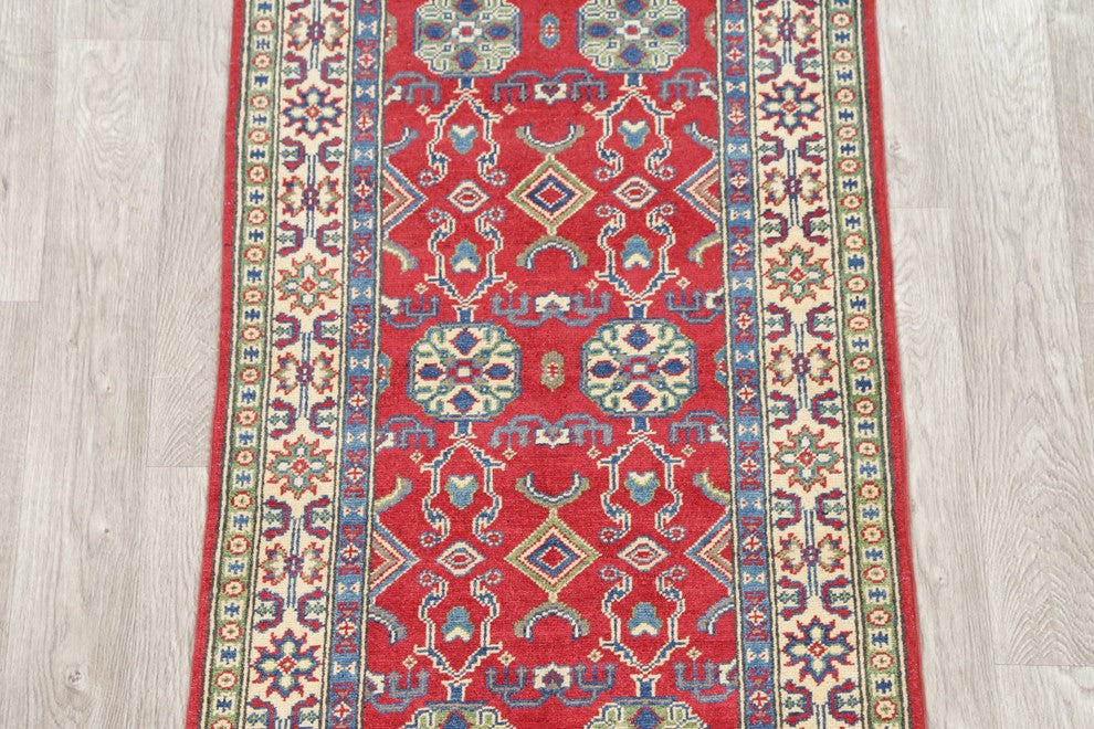 Hand Made Wool Pakistani Kazak Traditional Oriental Runner Rug, Red, 9'9"X2'10"