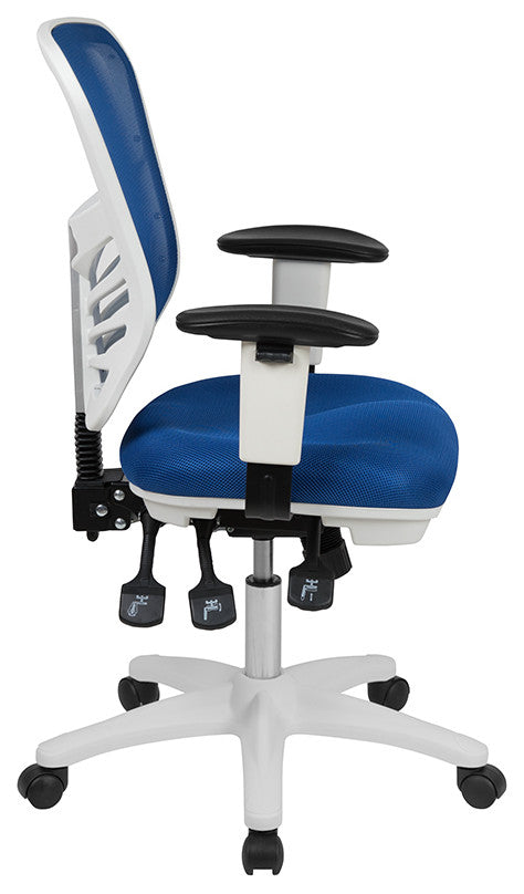 Mid-Back Mesh Swivel Task Chair with Triple Paddle Control, Blue Mesh/White Fram