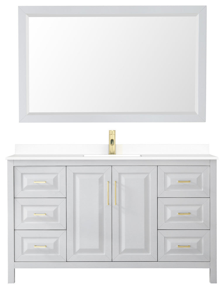60" Single Vanity White, White Cult. Marble Counter, Sink, 58" Mirror, Gold Trim