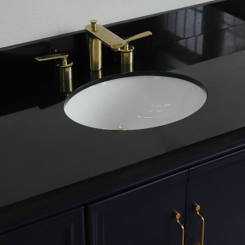 49" Single Sink Vanity, Blue Finish With Black Galaxy Granite And Oval Sink