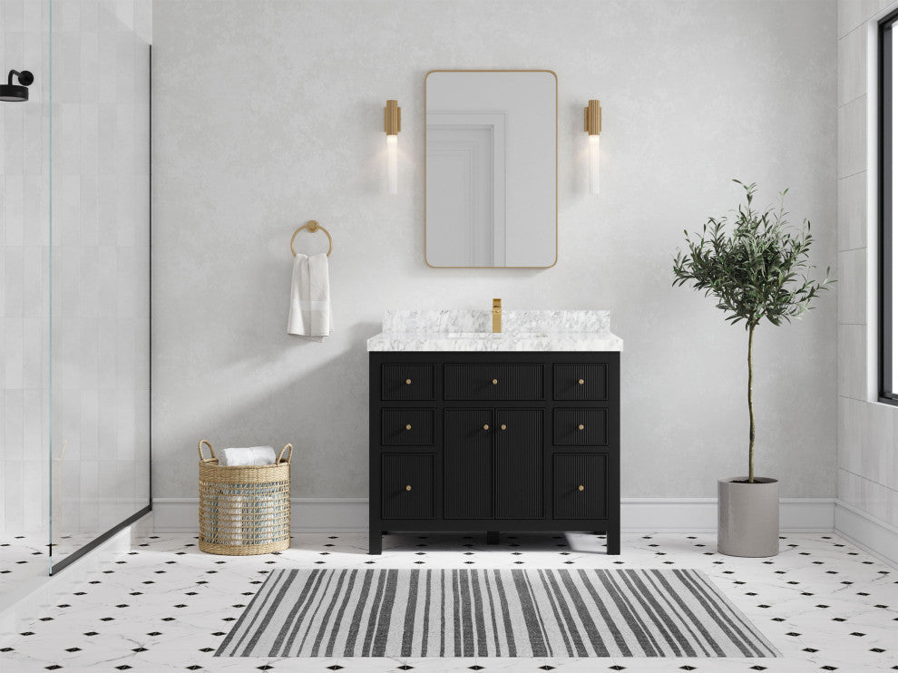 Sonoma 42 Single Sink Reeded Bath Vanity in Black 2" Carrara Marble