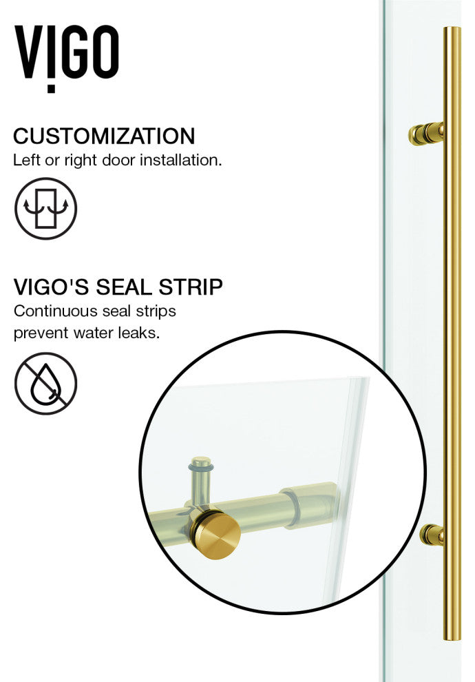 VIGO Elan E-Class 44" to 48" W x 76" H Frameless Sliding Shower Door, Matte Gold, Clear Glass