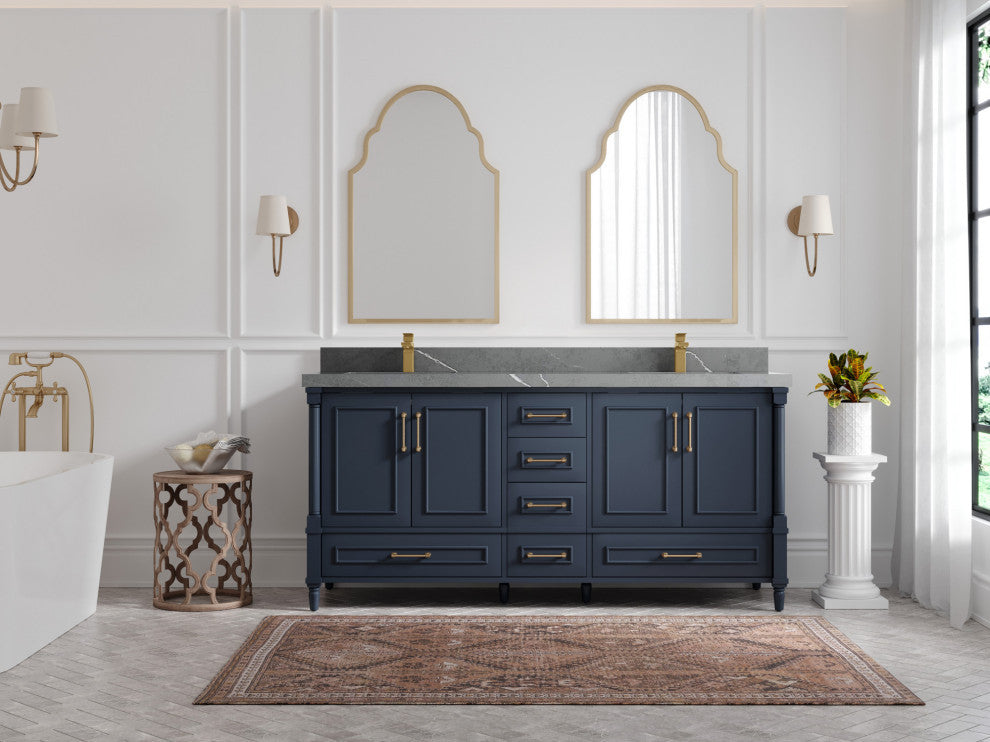 Aberdeen 72 Double Sink Bath Vanity in Hale Navy Blue  2" Piatra Gray