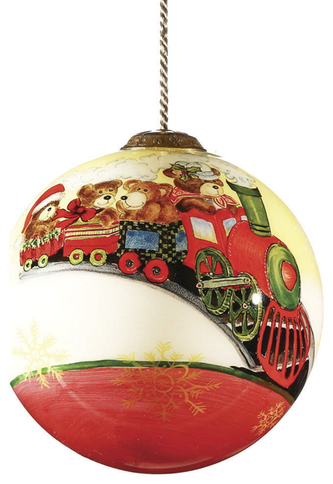 Teddy on Toy Train Hand Painted Mouth Blown Glass Ornament