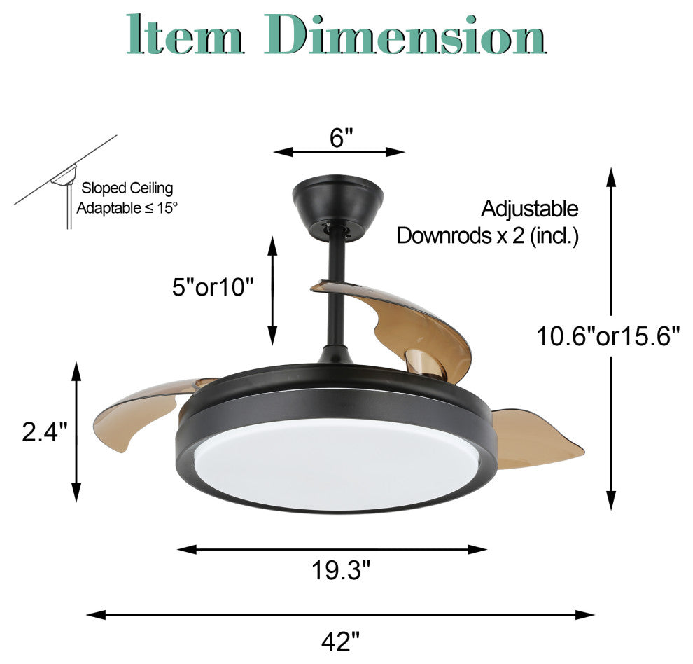 42 inch Contemporary Retractable 3-blade LED Ceiling Fan With Light, Remote, Black