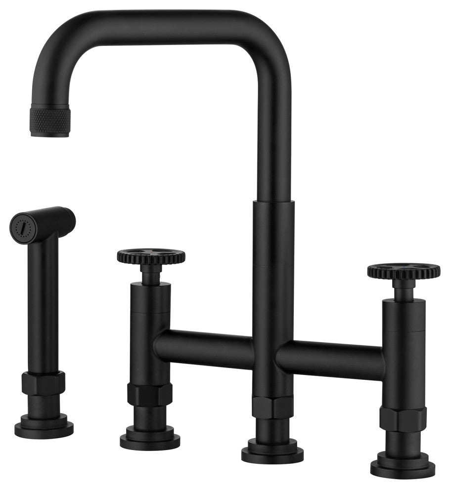 Deck-Mount Bridge Kitchen Sink Faucet With Dual Wheel Handles and Side Sprayer,