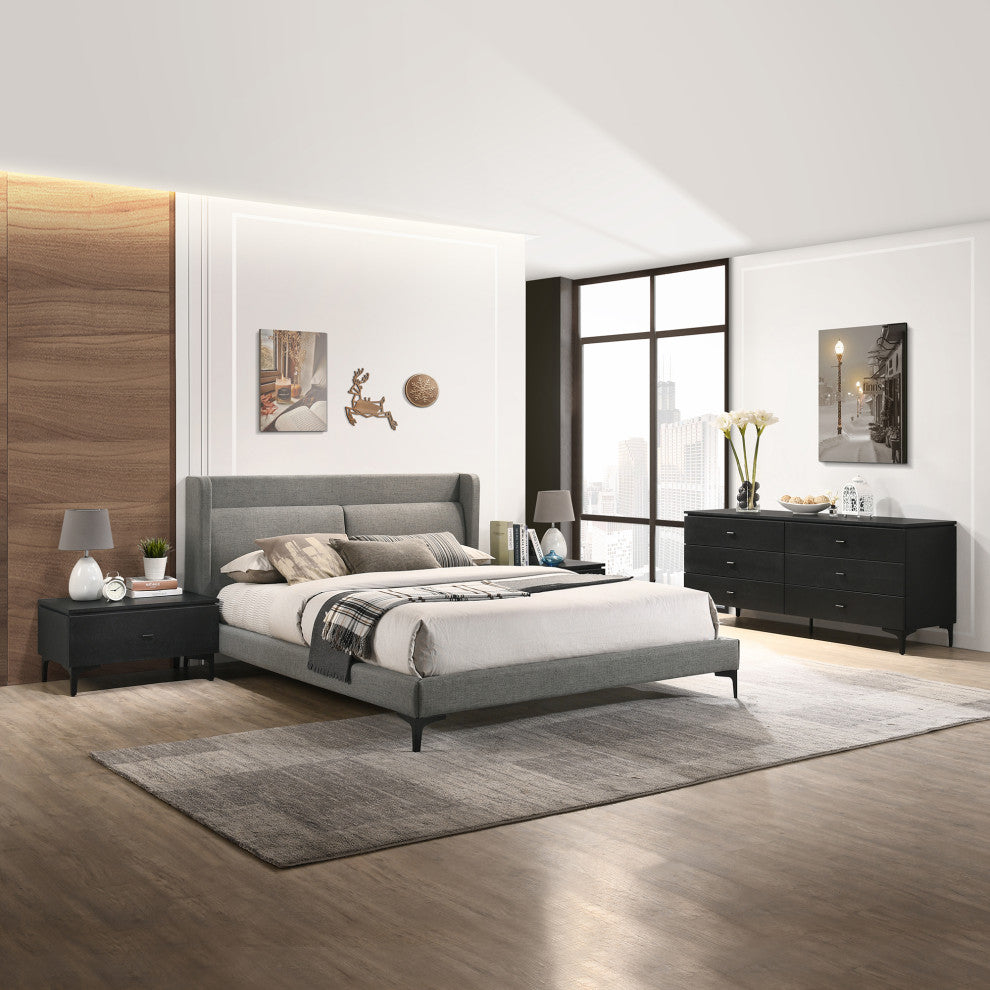 Legend 4-Piece Gray Fabric Queen Platform Bedroom Set, Dresser and Nightstands