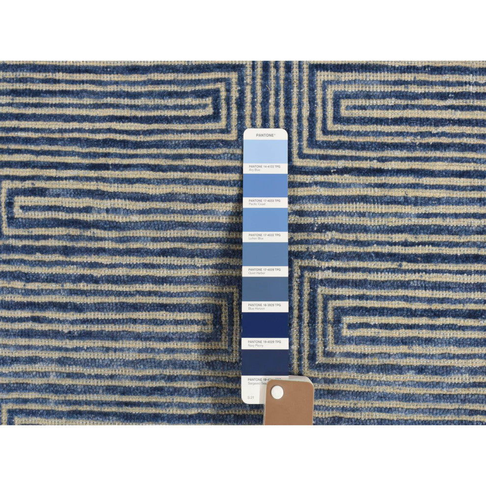 Blue, Silk With Wool, Maze Design, Hand Knotted Rug, 8'x10'