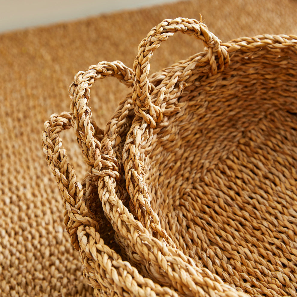 Set of 3 Woven  Sea Grass Shallow Storage Baskets Round 20 18 16 in Natural Spa