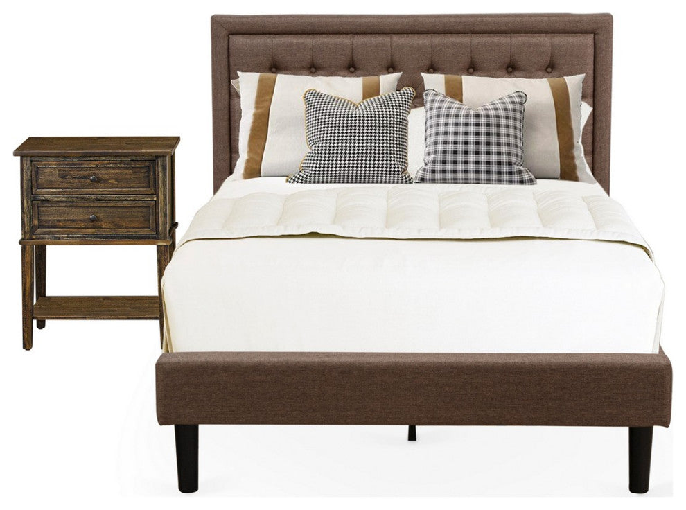 2Pc Bedroom Set, 1 Bed Frame Brown Padded, 1 Nightstand, Black Legs