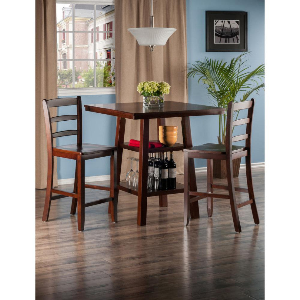 Orlando 3-PieceSet, High Table With 2 Shelves and 2 Ladder Back Stools, Walnut