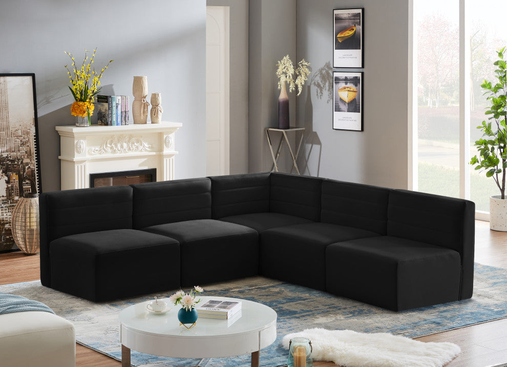 Quincy Velvet Upholstered 5-Piece L-Shaped Modular Sectional, Black