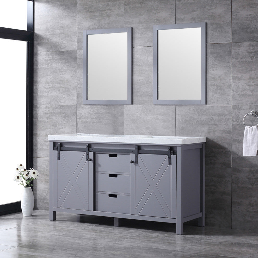 Marsyas 60" Dark Gray Double Vanity Carrara Marble Top Sinks, 24" Wall Mirrors