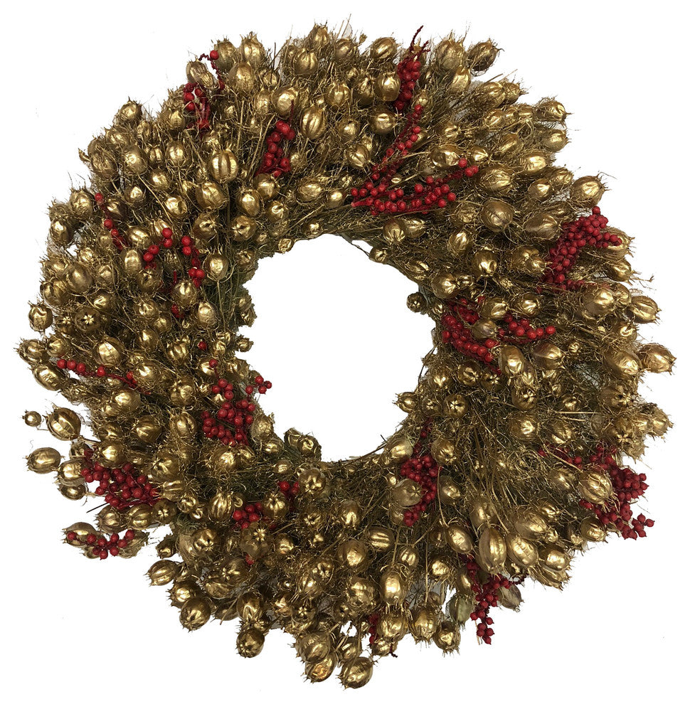Gold Nigella Wreath With Red Canella Berries, 15"
