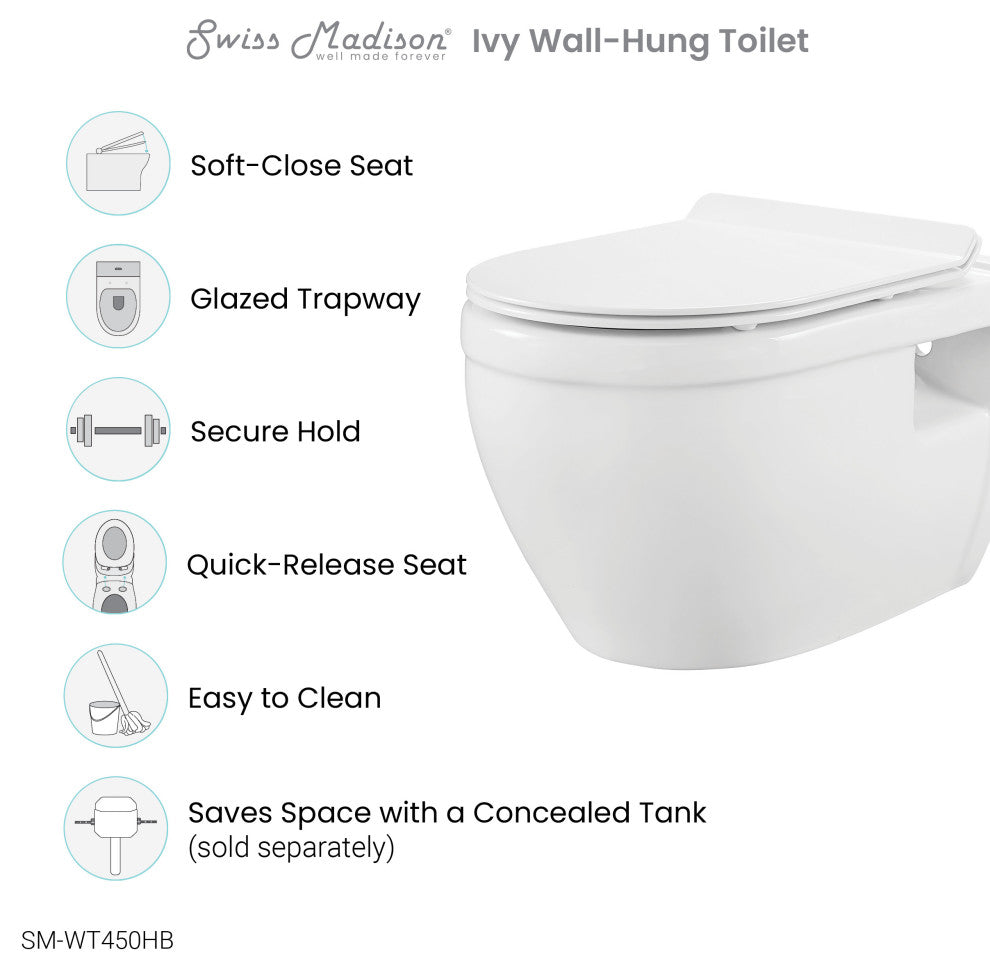 Ivy Wall Hung Elongated Toilet Bowl 0.8/1.28 GPF Dual Flush, Black Hardware