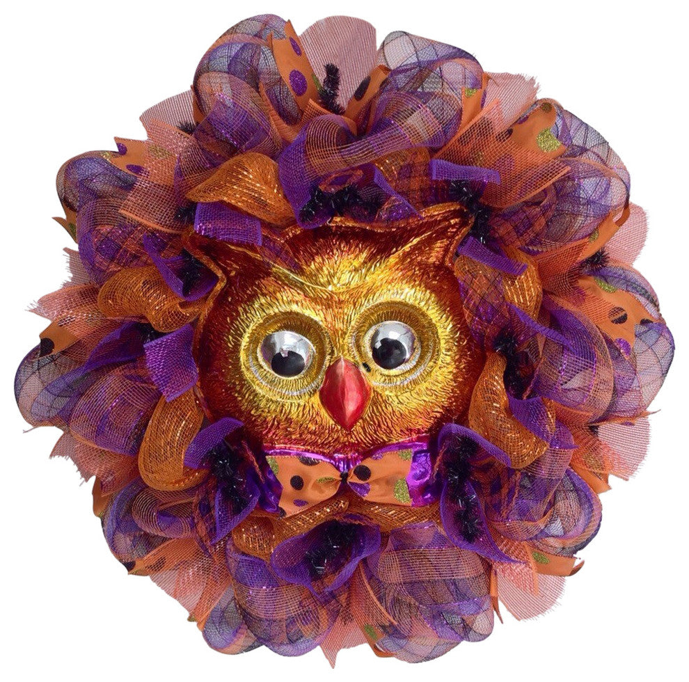 Adorable Halloween Owl with Moving Eyes Handmade Deco Mesh Wreath