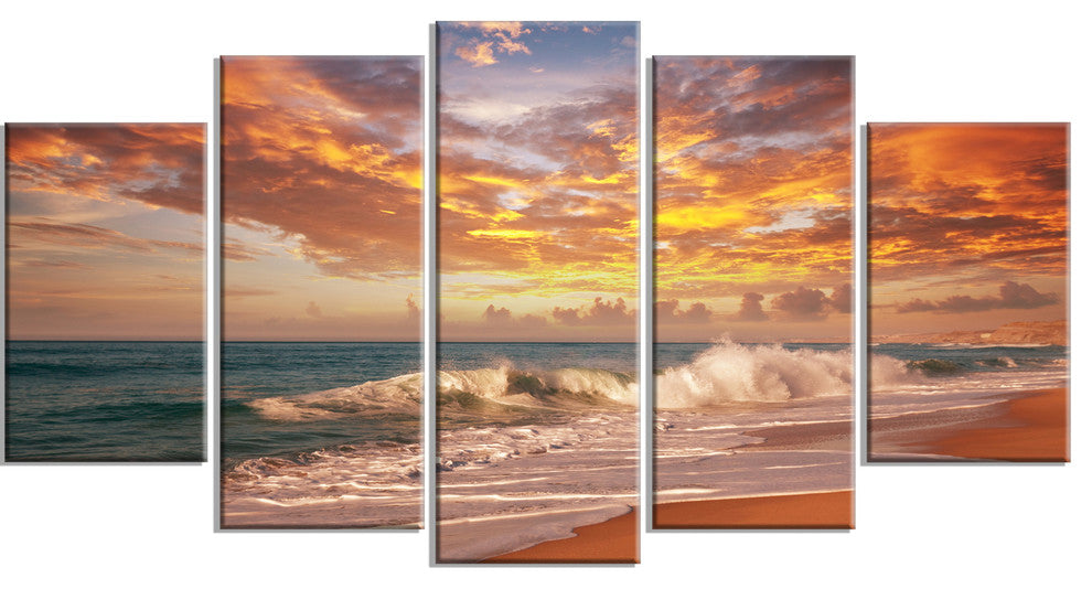 Waves under Colorful Clouds, Large Seashore Canvas Print, 60"x32", 5 Panels