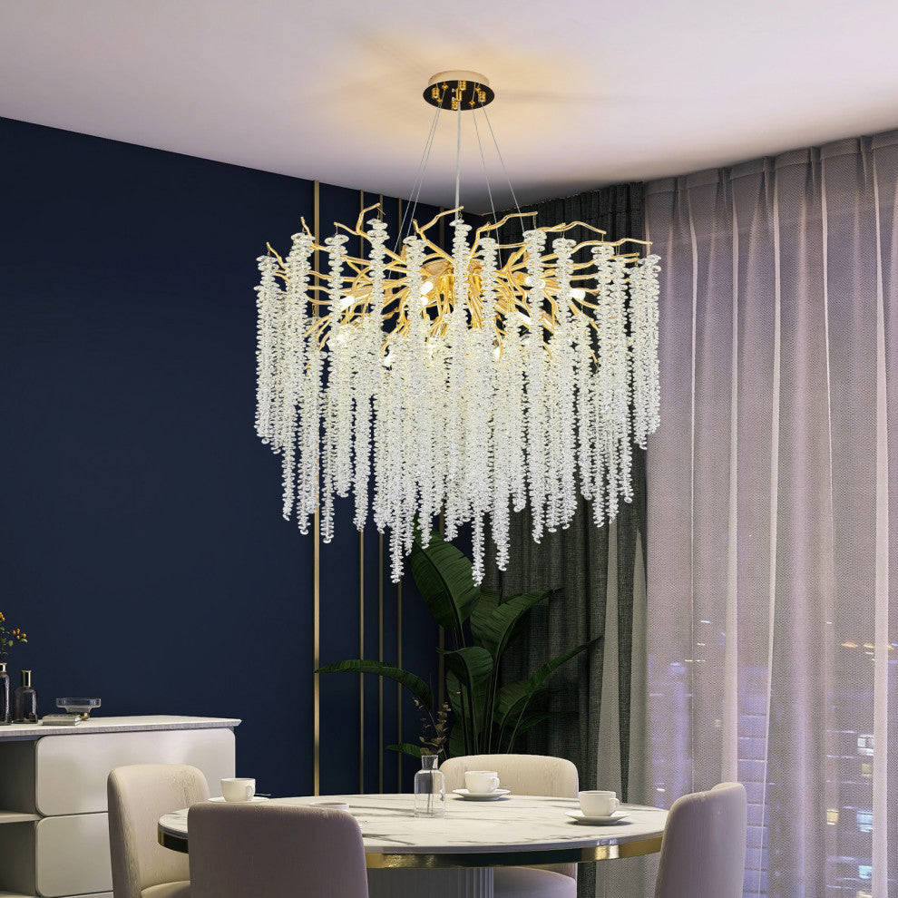 Akari Tree Branch Art Glass Gold Tassels Chandelier Light, D24"