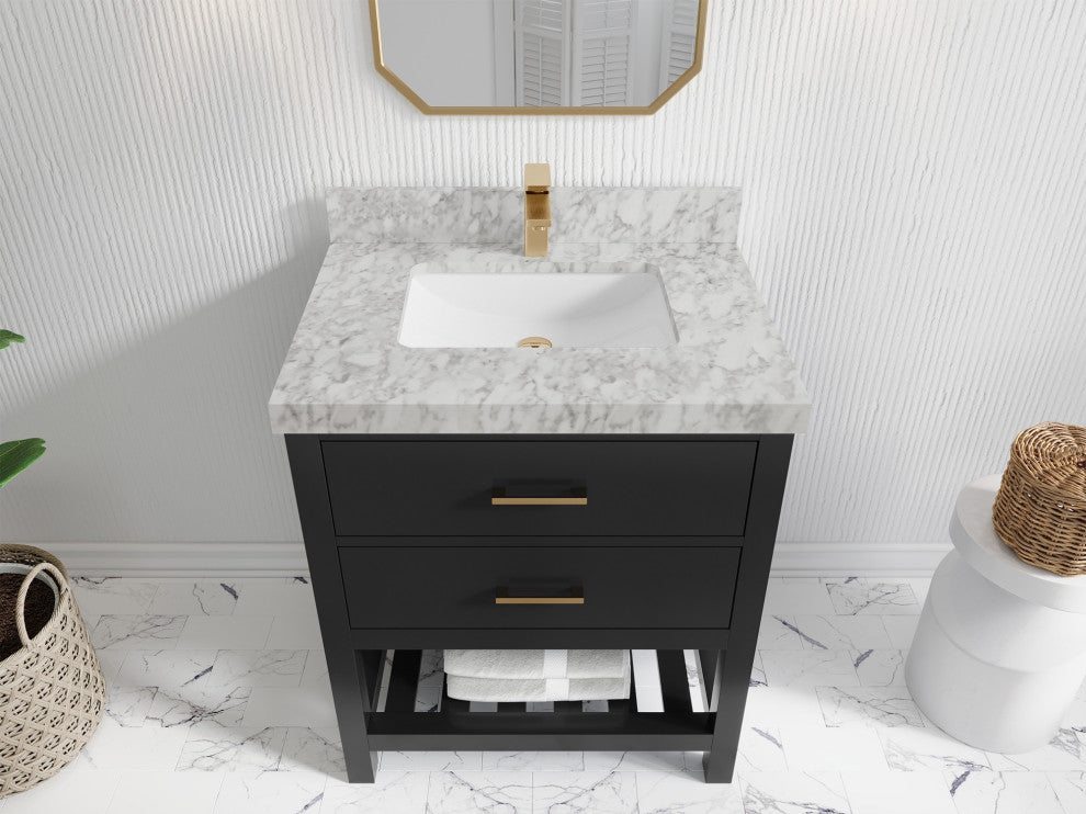 Parker 36" Single Sink Bath Vanity, Black 2" Carrara Marble
