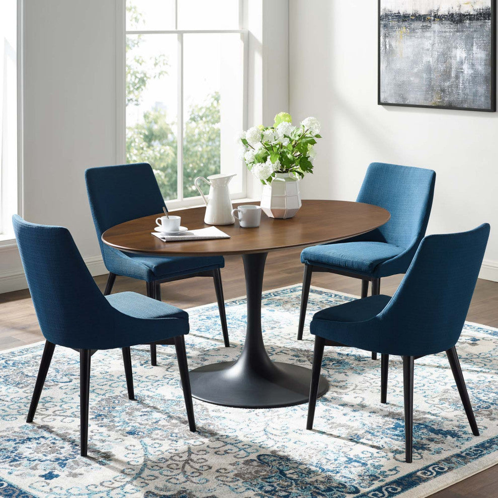 Modern Designer Room Oval Dining Table, Wood Metal Steel, Black Walnut Brown