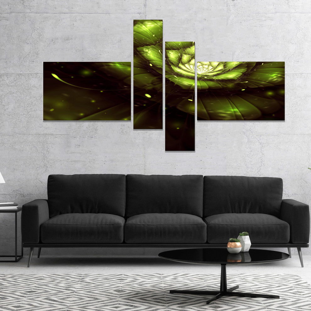 Green Flower with Sun Rays, Floral Art Canvas Print, 60"x32", 4 panels