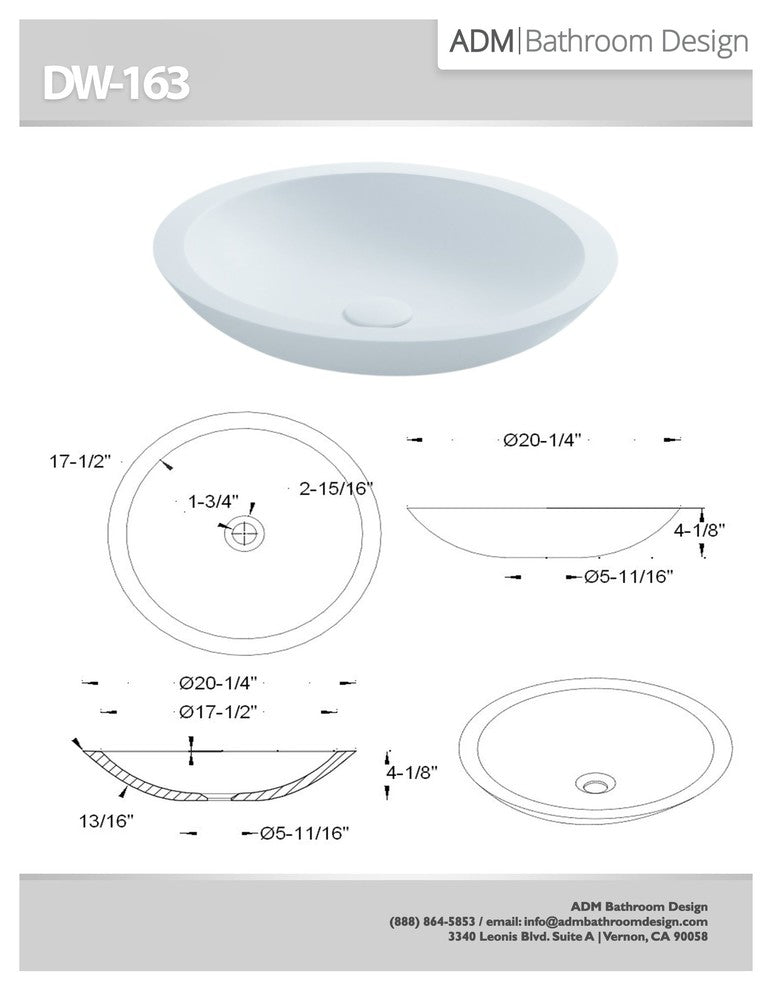ADM Circular Countertop Sink, White, 20