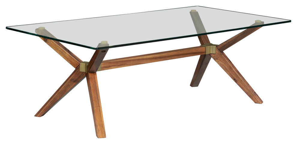 Mid-Century Modern Glass Coffee Table, Walnut Stain