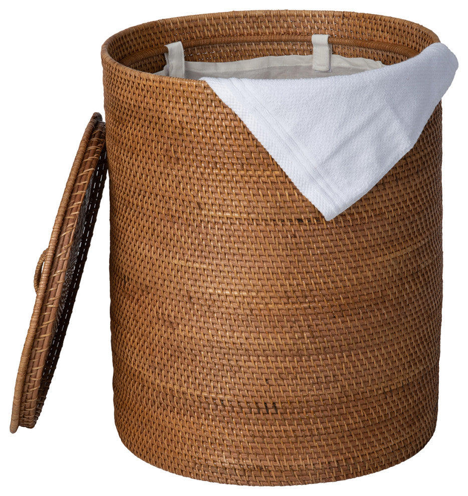 Loma Round Rattan Hamper and Laundry Basket With Removable liner, Honey Brown