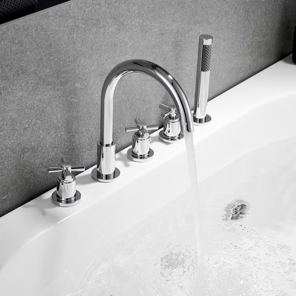 Sorlia Cross Handles Deck-Mount Roman Tub Faucet With Handshower, Polished Chome