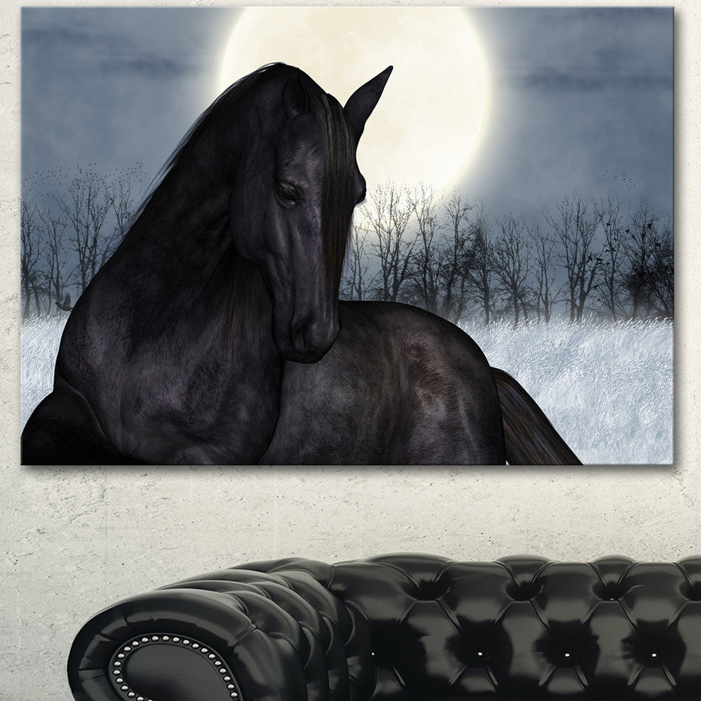 Black Horse in Moonlight, Animal Canvas Art Print, 40"x30"