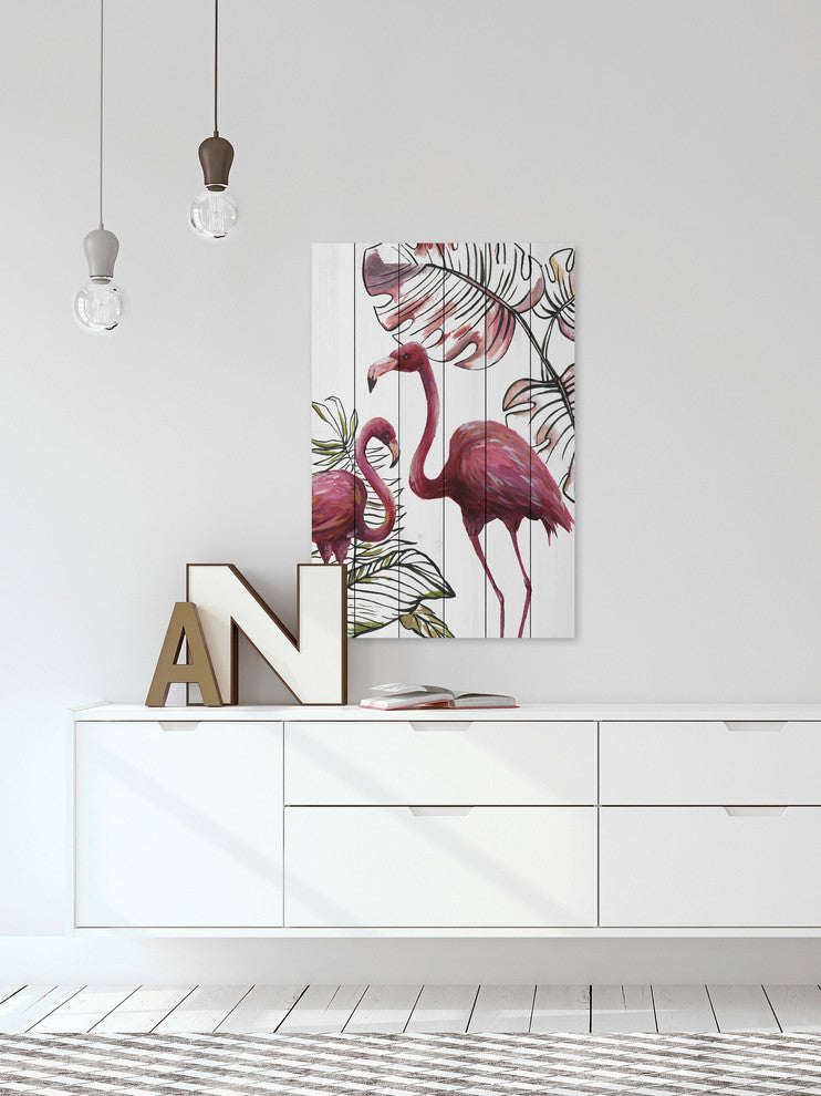 "Tropical Flamingos I" Painting Print on White Wood, 12"x18"