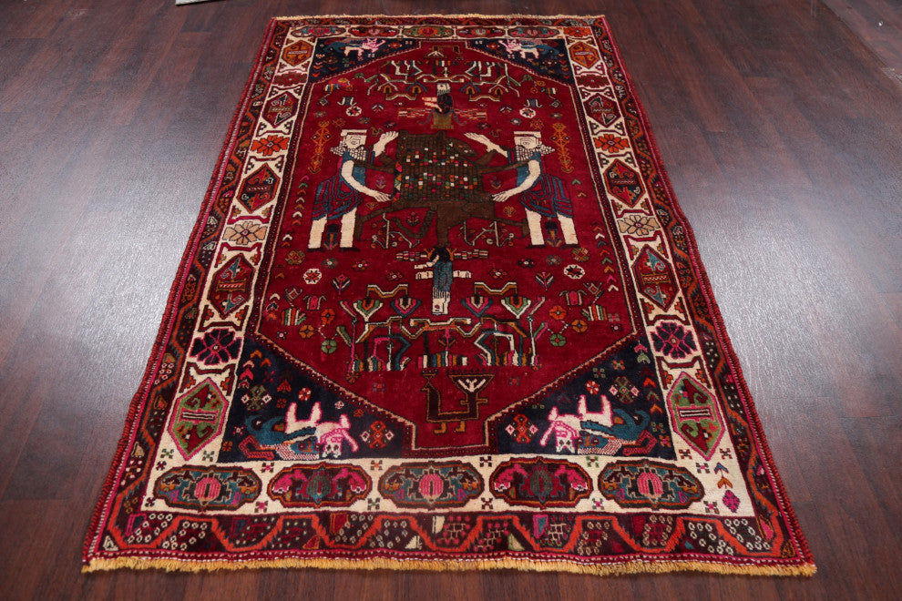 Consigned, Vintage Novelty Traditional Hand Made Persian Area Rug, Red, 4x6