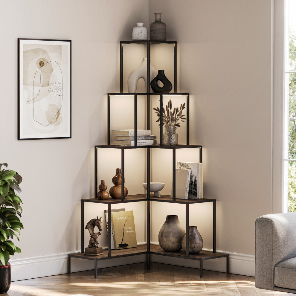 5-Tier Corner Bookshelf with RGB Light, 66" Tall L-Shaped Bookcase, Gray