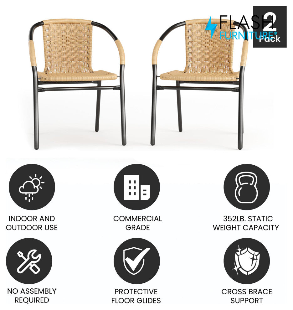 Flash Furniture Rattan Stacking Restaurant Dining Arm Chair in Beige (Set of 2)