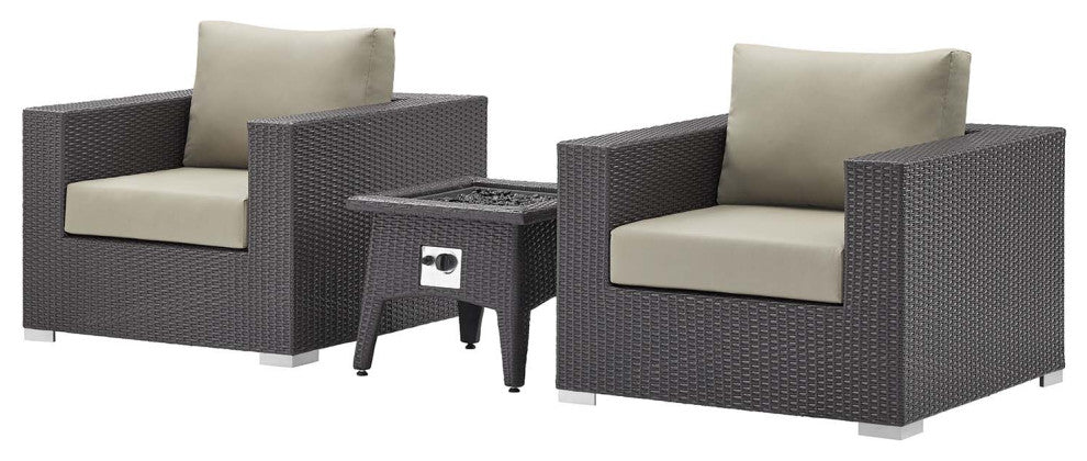 Outdoor Patio Lounge Chair and Table Fire Pit Set, Fabric Rattan Wicker, Beige