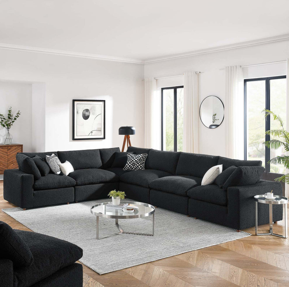 Commix Down Filled Overstuffed Boucle Fabric 6-Piece Sectional Sofa, Black