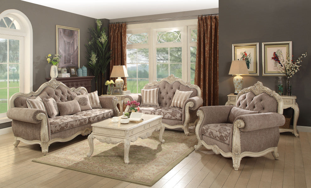 Benzara BM185584 Fabric Upholstered Wooden Sofa With Scrolled Molding Trim, Gray