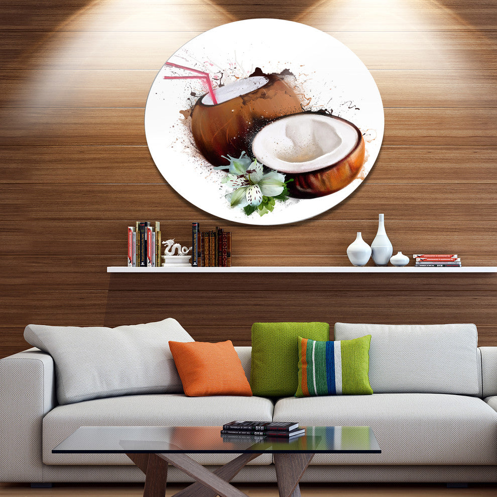 Coconuts With Straw Watercolor, Floral Round Wall Art, 23"