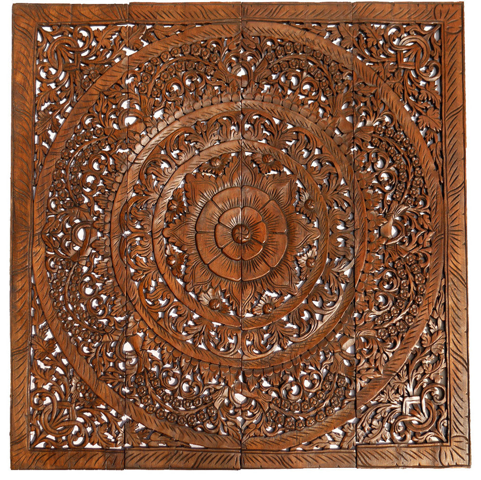 Tropical Floral Wood Carved Wall Panel. Unique Asian Home Decor, Dark Brown