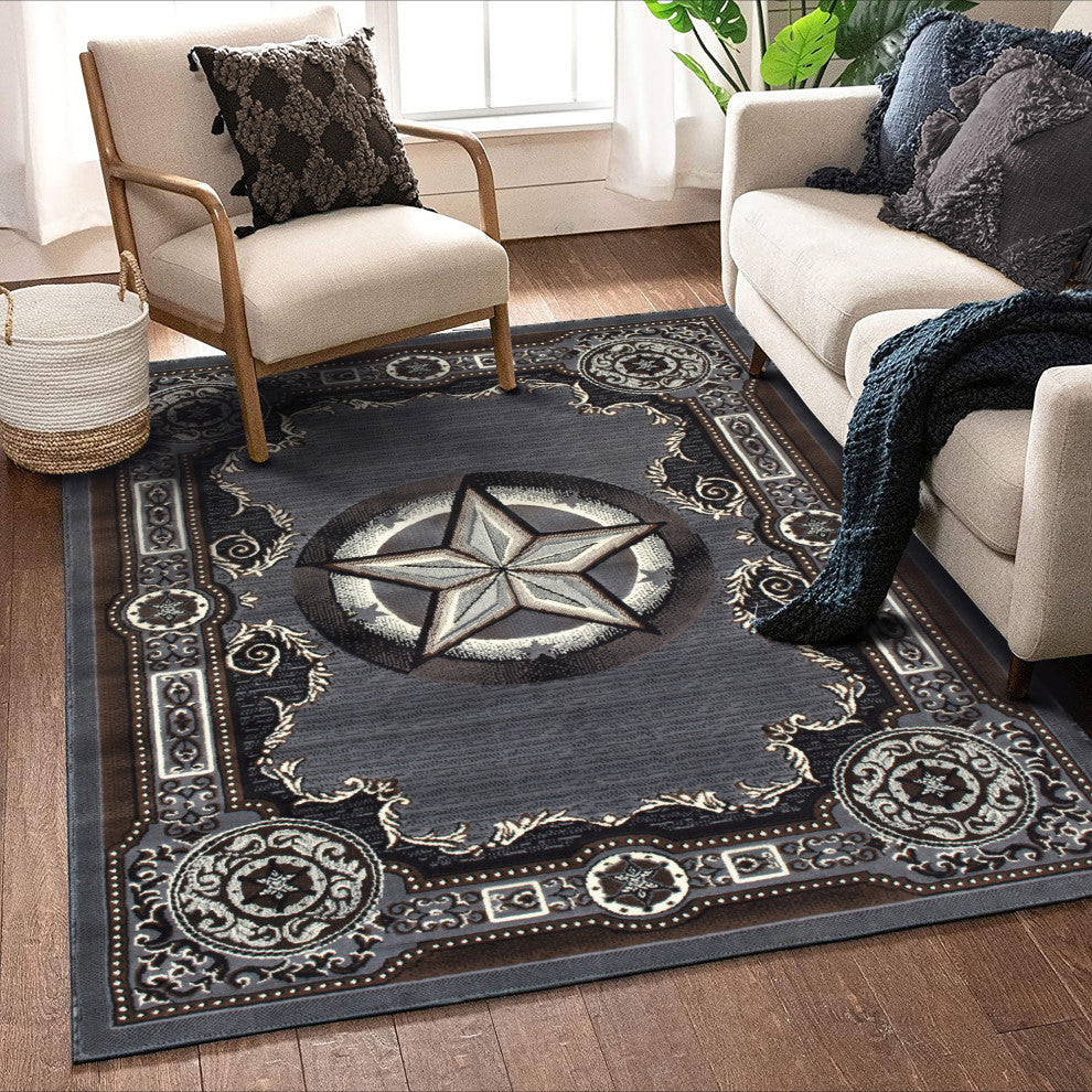 Allstar Western Area Rug Texas Star design, Grey, 5x7