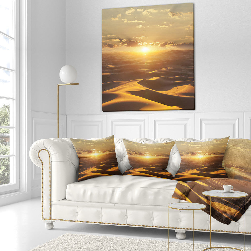 Evening Sahara Desert With Sunlight Landscape Printed Throw Pillow, 16"x16"