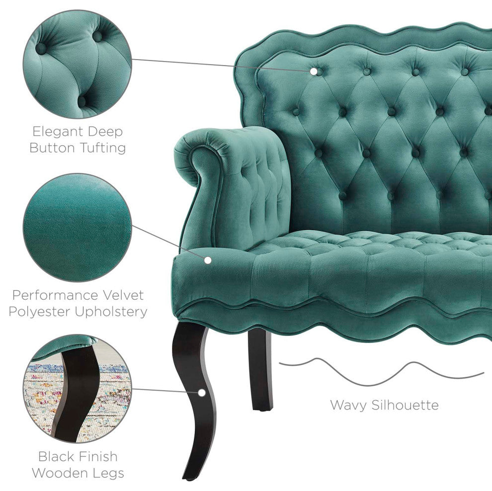 Modern Designer Lounge Loveseat Settee Sofa, Velvet Fabric, Aqua Blue